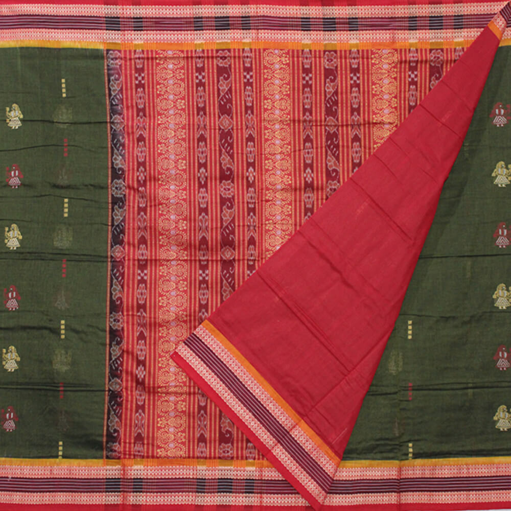 BOMKAI Cotton Handwoven Saree - Red – Vrikshdesigns