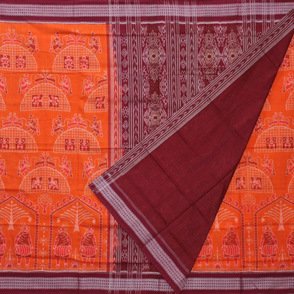 Silk cotton block printed saree orange with paisley butta prints and z –  Cherrypick